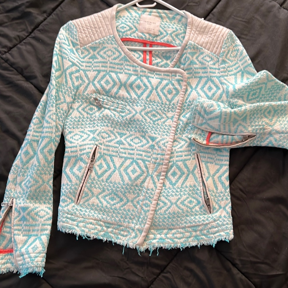 Trafaluc Zara Blue Diagonal zipper cropped jacket